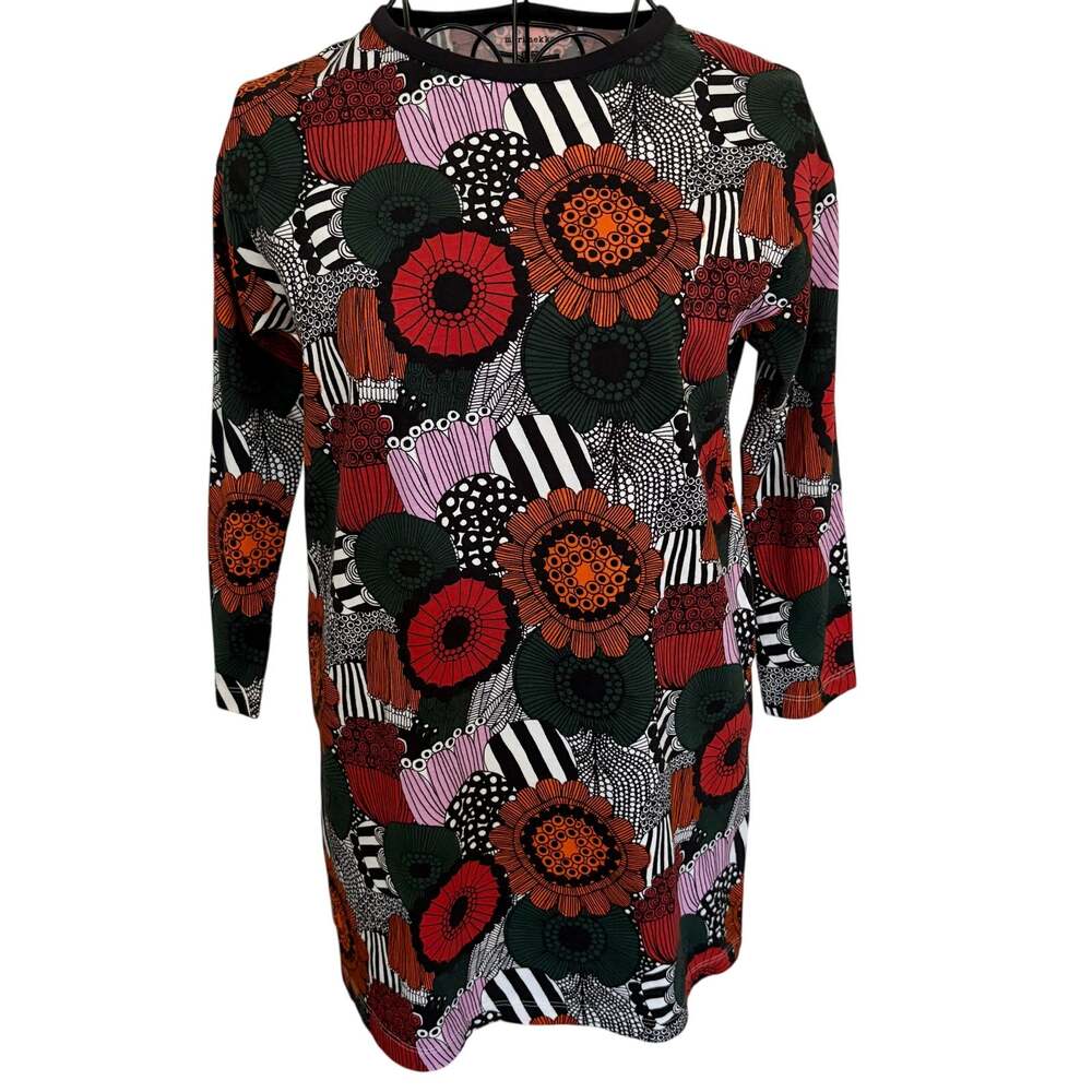 Vintage 90's Marimekko Mod Artsy Floral 100% Cotton Jersey Top 3/4 Sleeve Retro